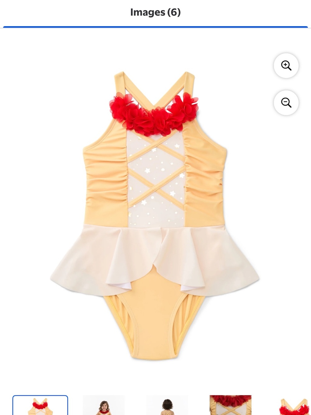 Girls Yellow Peplum One-Piece Swimsuit with Red Floral Trim